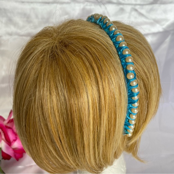New Women and Girls Satin Hair Band Accessories Hand made blue With White pearls - Picture 8 of 11